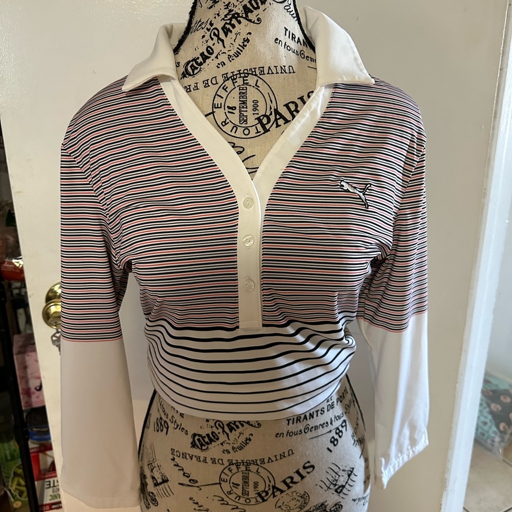 PUMA Golf Polo Shirt Womens White/Red/Blk Striped 3/4 Sleeve Collared Size M